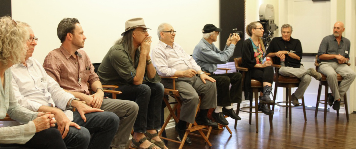 The ASC panelists (from left): Joan Churchill, Peter Moss, Eric Steelberg, Russell Carpenter, George Spiro Dibie, Haskell Wexler, Lisa Wiegand, John Newby and Daniel Pearl.