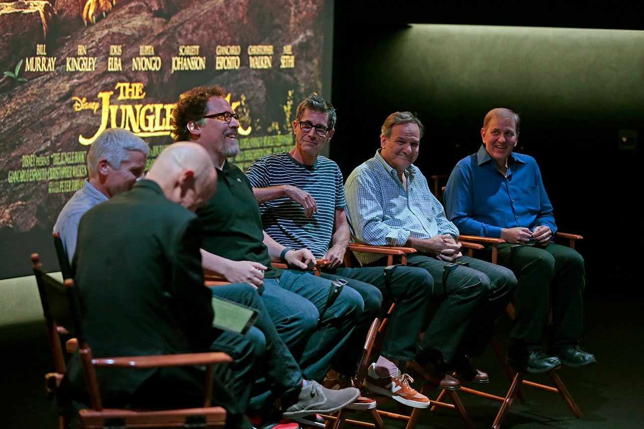From left, moderator David Morin, ASC and the Jungle Book creative team, which included producer Bringham Taylor, director-producer Jon Favreau, cinematographer Bill Pope, ASC; visual effects supervisor Rob Legato, ASC and supervising finishing artist Steve Scott.