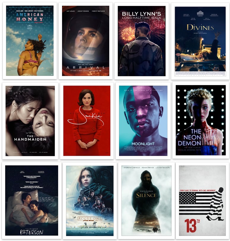 Noteworthy 2016 films - American Honey - Arrival - Billy Lynn - Divines - The Handmaiden - Jackie - Moonlight - The Neon Demon - Paterson - Rogue One - Silence - 13th
