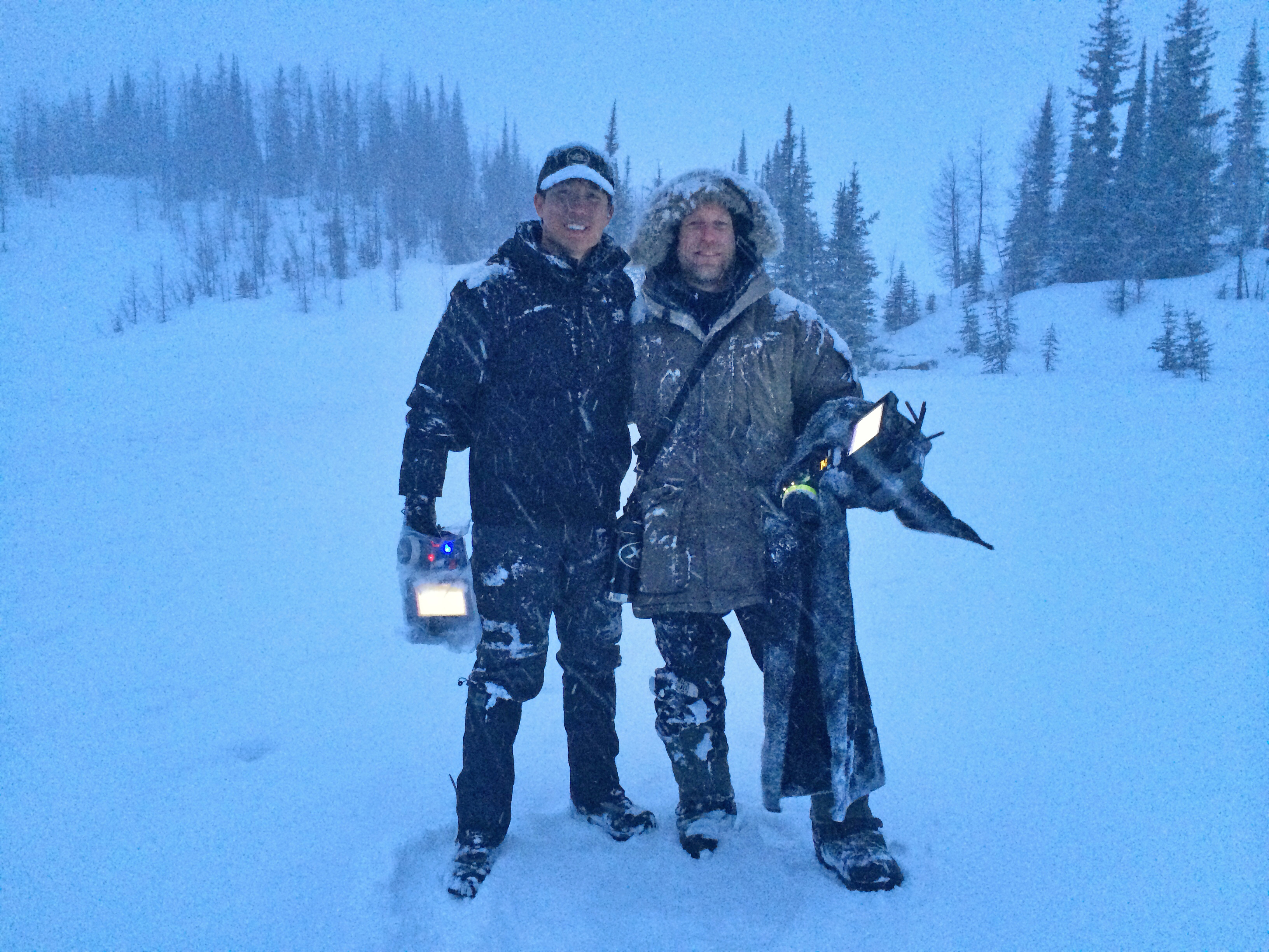 Members of Lubezki's team on The Revenant included DIT Arthur To and AC John T. Connor, here on location in Canada.