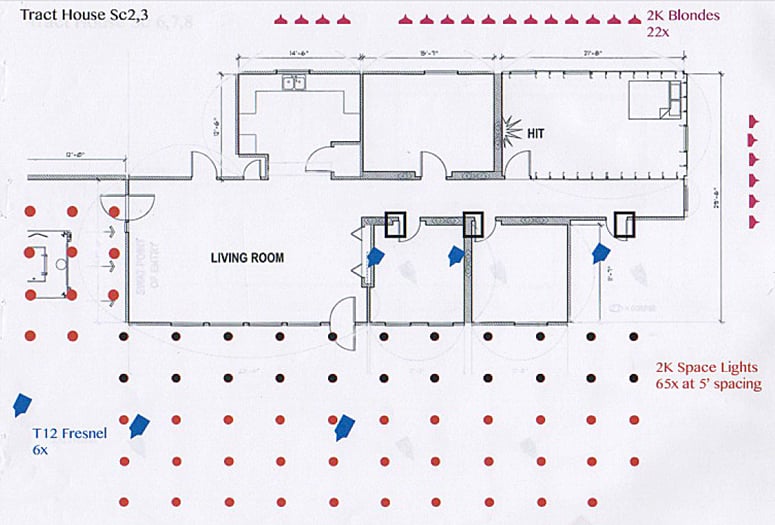 Roger's rough lighting diagram for the set of the Raid. The truck enters at the left, the shot is fired in the room at the right.