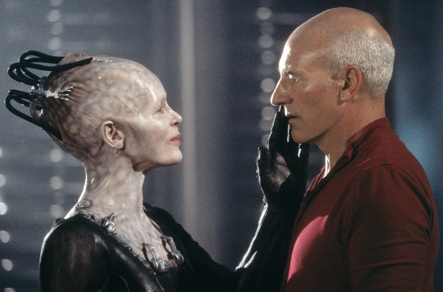 The Borg Queen (Alice Kriege) gets uncomfortably romantic with Jean-Luc Picard, from Star Trek: First Contact