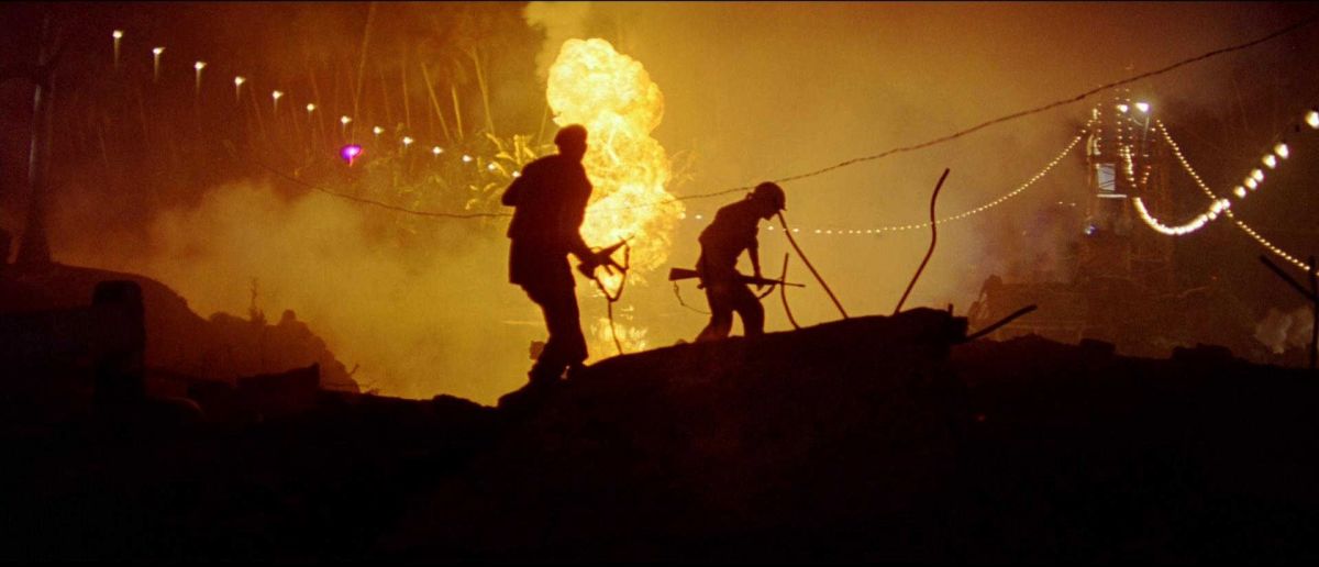 In Apocalypse Now (1979) — photographed by Vittorio Storaro, ASC, AIC — Captain Willard (Martin Sheen) and his team travel up river to find the chaos of combat at the Do-Lung Bridge, where the film’s symbols of nature (fire) and technology (electric light) face off in a stunning visual sequence.