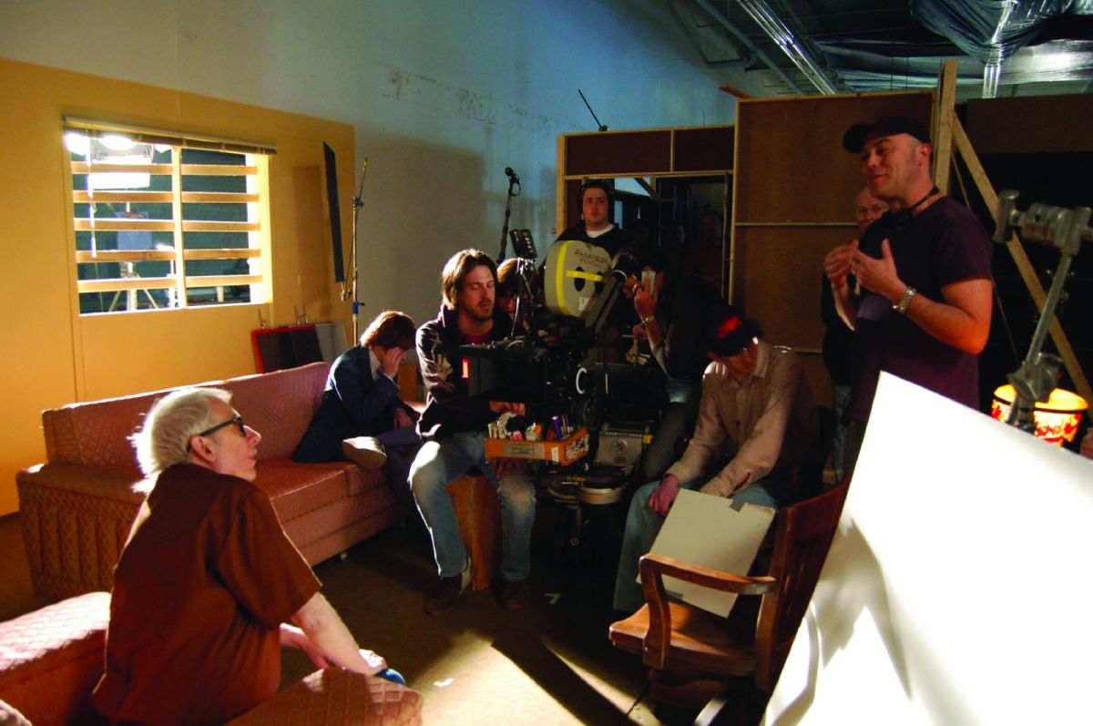 Director Patrick Read Johnson (far right) and crew prepare to shoot with Pendleton.