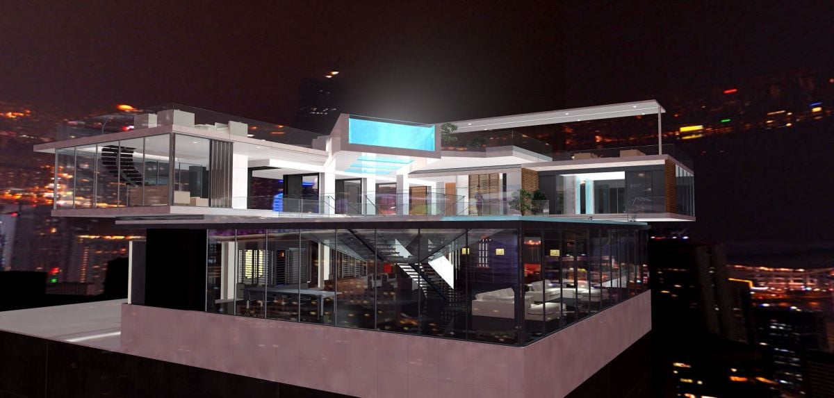 The digital model of the opulent penthouse, as situated in the Hong Kong skyline. Below, constructing the set outside of Rome.