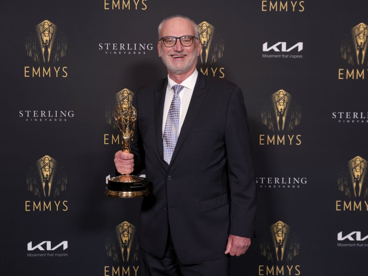 John Gresch of Arri poses with the company's Engineering Emmy. (Photo: © Mark Von Holden/Invision for The Television Academy/AP Images)