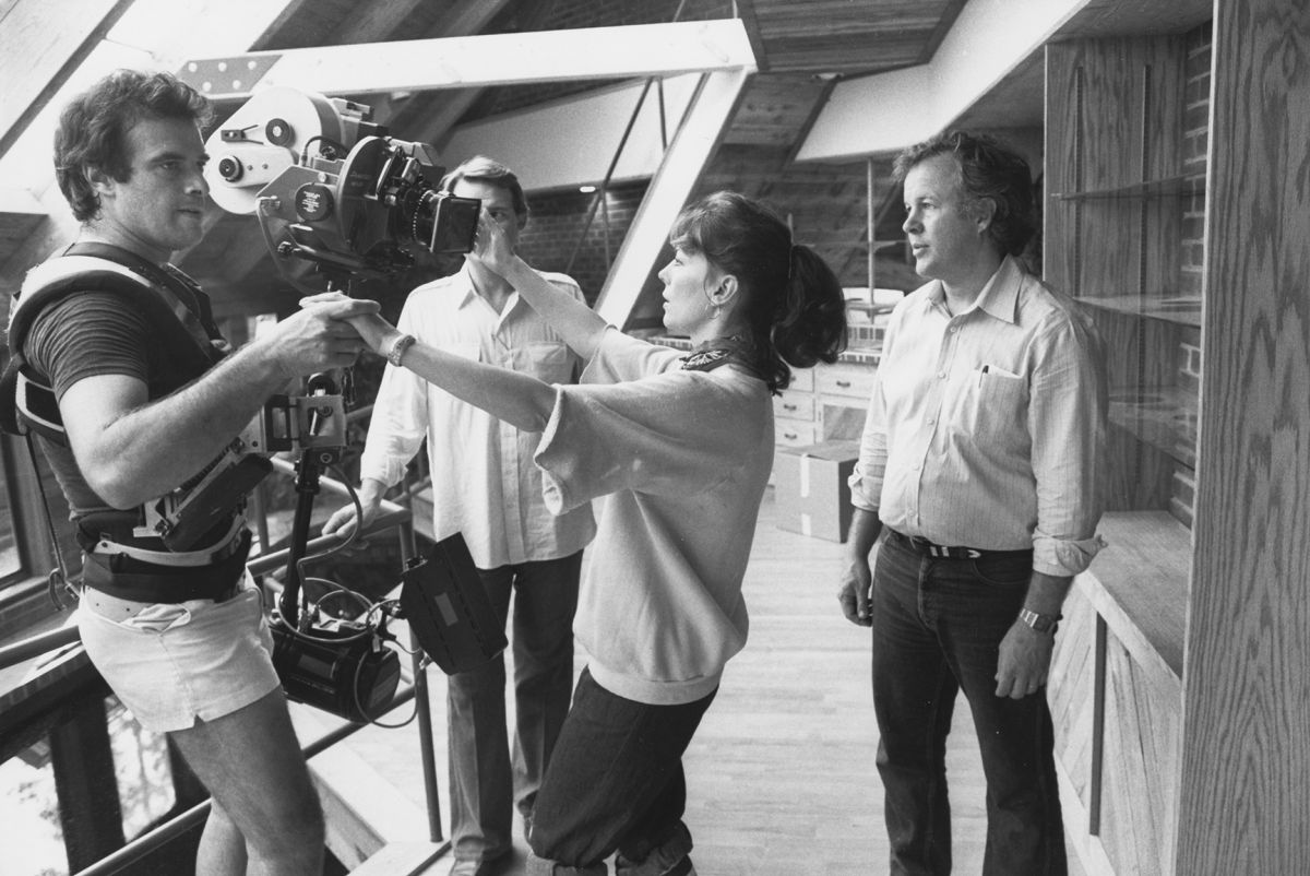 Camera operator Dan Lerner (left), Yuricich, Wood, and Trumbull block a scene while shooting on location in North Carolina. (Image courtesy the Academy of Motion Picture Arts and Sciences)