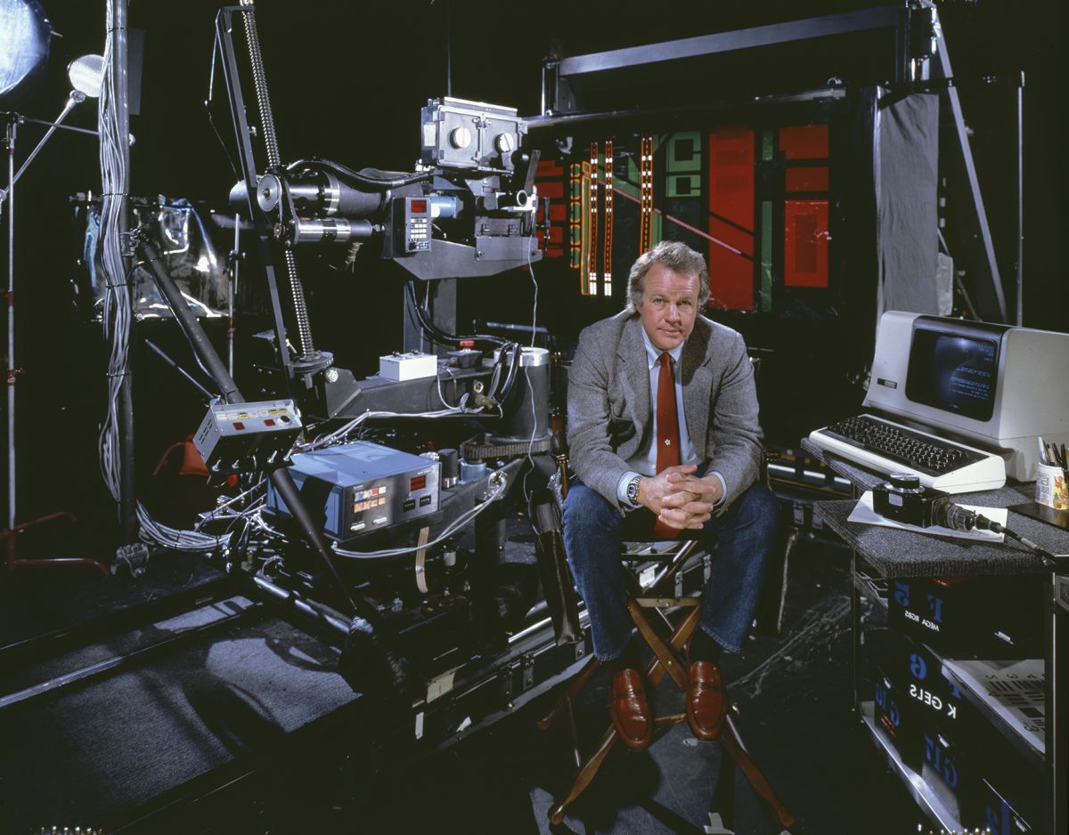 Trumbull with the COMPSY automated camera system, set up to shoot flight-simulator graphics for a scene from Brainstorm. (Image courtesy the Academy of Motion Picture Arts and Sciences)