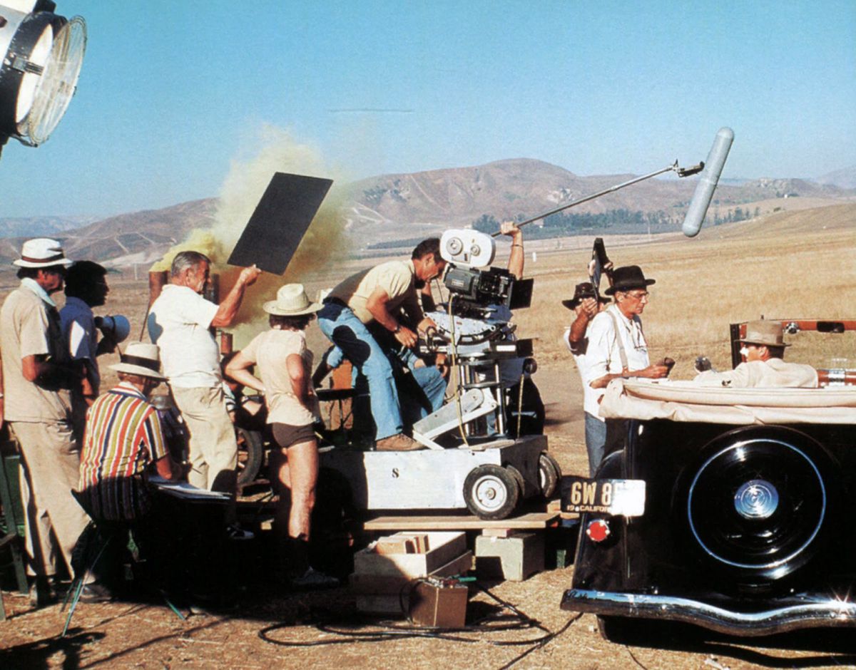 Shooting on location in Mojave, north of Los Angeles. Cortez is at far left in white hat.