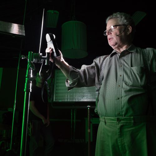 Visual-effects expert Bill Taylor, ASC, checks a greenscreen setup onstage at Mole-Richardson Co.