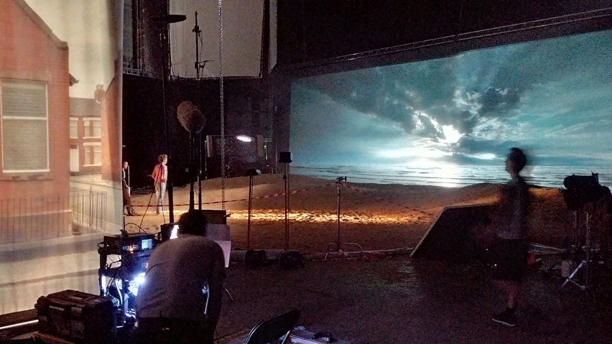 At Pinewood, the immense rear-screen projection setup devised by production effects supervisor Lester Dunton, of Dunton Projection FX​.