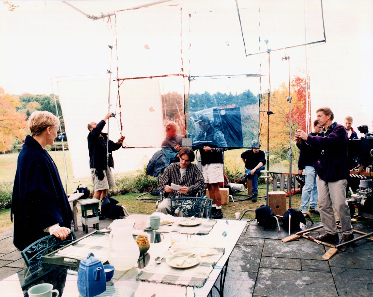 Elmes and his Gloaming crew set up an array of gels to simulate sunset as costars Glenn Close and Robert Sean Leonard stand by.