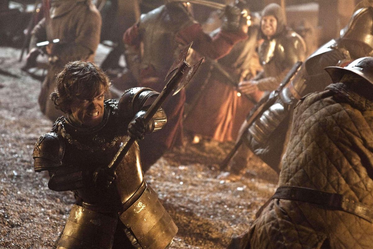 Tyrion Lannister (Peter Dinklage) at the Battle of the Blackwater, episode 2.09. "Blackwater" was directed by Neil Marshall and shot by Sam McCurdy. The duo previously teamed up for multiple features, including Dog Soldiers and The Descent.