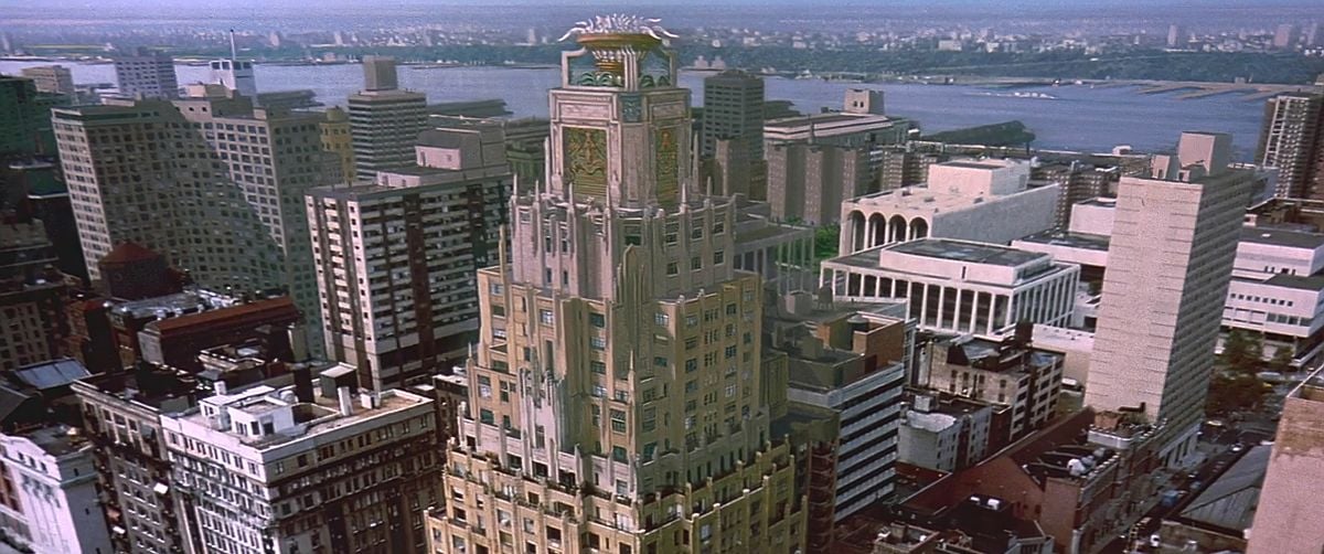 The fictional building, as it appears in the film, integrated into the Manhattan skyline.