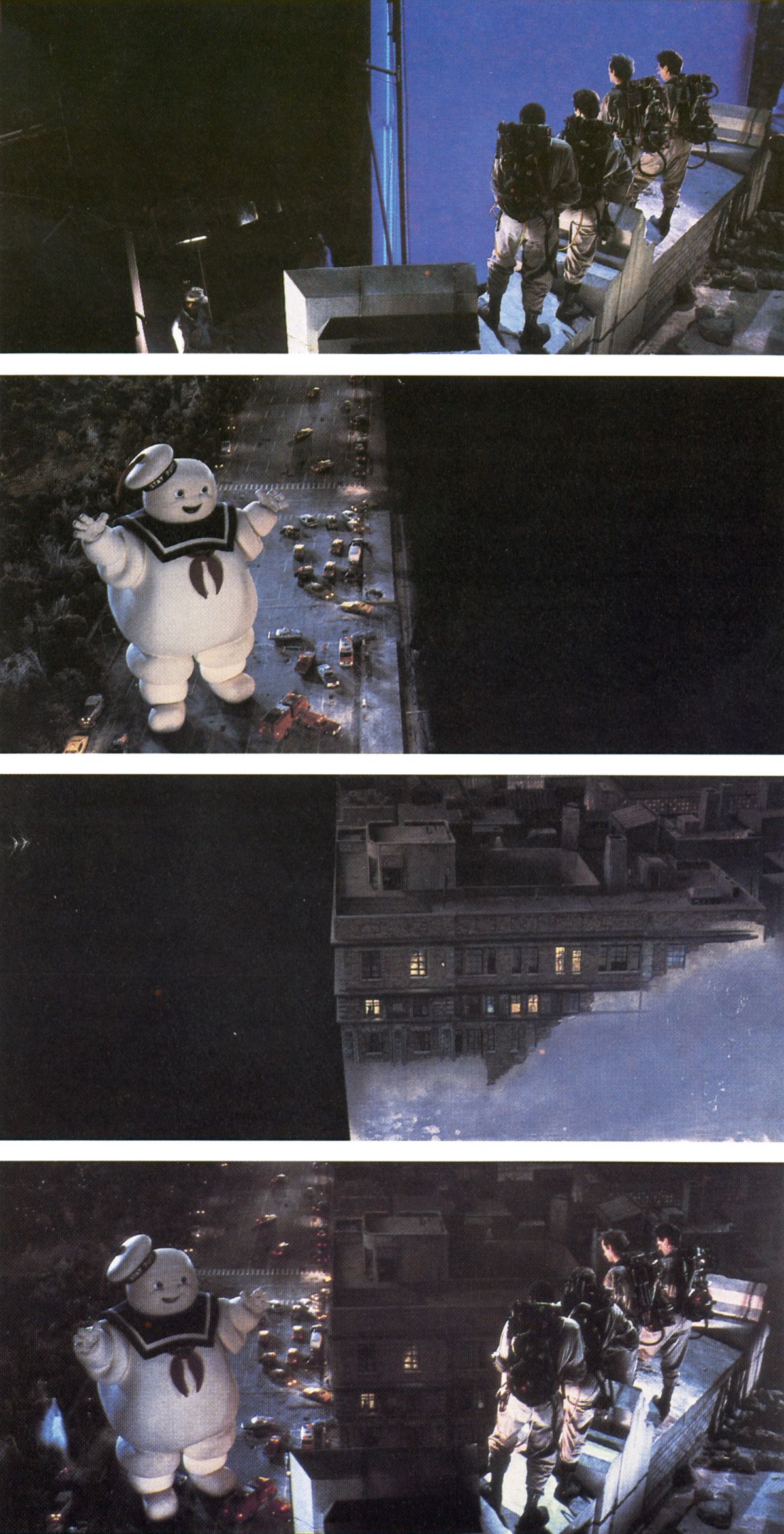 Frame enlargements of elements and composite for the scene in which Stay Puft Man comes looking for the Ghostbusters. The live-action element was shot against a bluescreen at the Burbank Studios. The Stay Puft Man was shot on a miniature set at BFC, and a matte painting by Yuricich was used to tie the two together.
