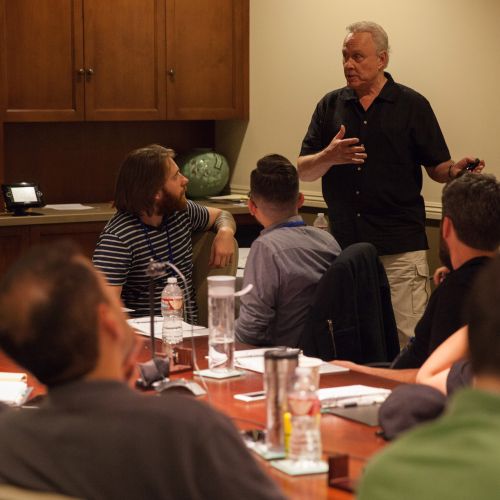 Instructor Don McCuaig, ASC, discusses some clips with Master Class participants.