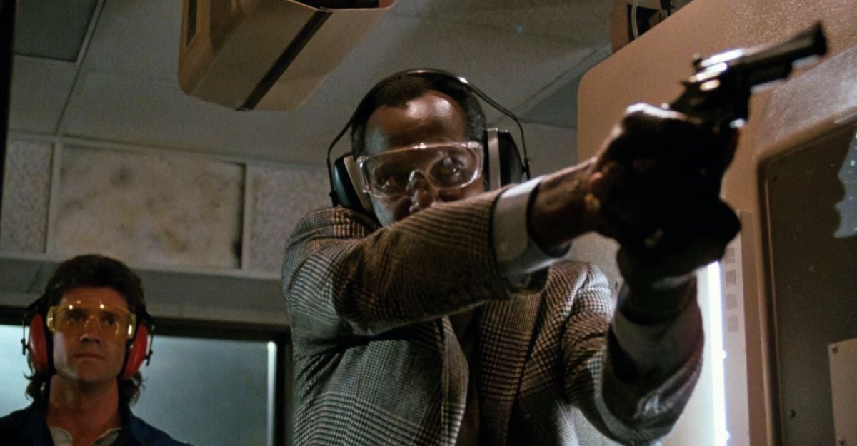 Riggs and Murtaugh test their skill with some target practice. 