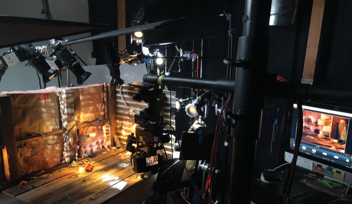 The camera and lighting setup for a shot of Marcel’s living space. (Photo by Drex Reed)