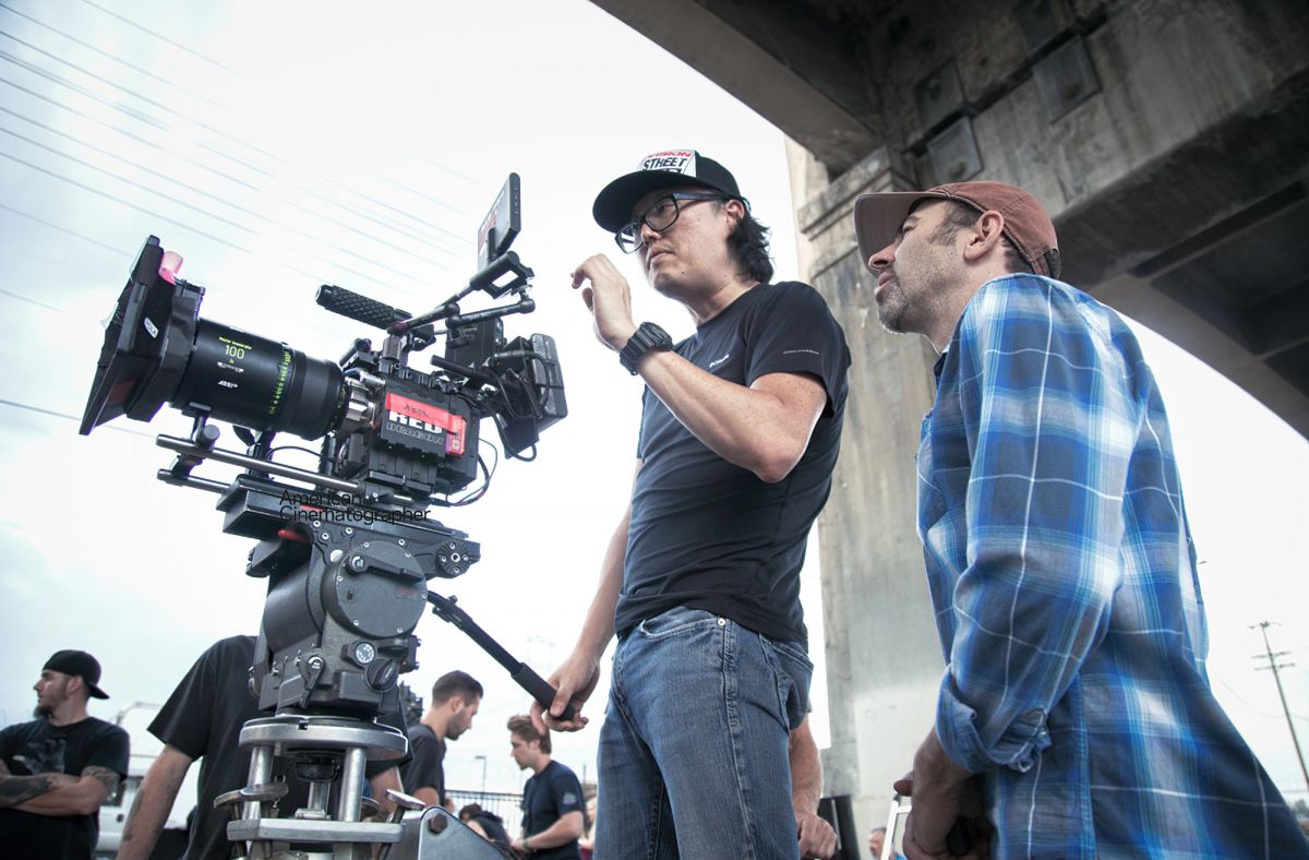 Director Joseph Kahn (left) and cinematographer Christopher Probst shoot under the 6th Street Bridge in downtown Los Angeles.