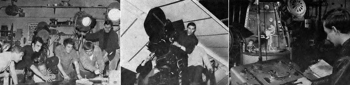 Left: In what appears to be an extension of childhood games, the camera crew groups about a miniature tank to shoot action with model boats. The handheld camera is shown in use. Center: High up near the ceiling of a special effects stage, the cinematographer prepares to shoot a tricky sequence. Right: A “lip-sync” operator regulates controls for mouth movements of puppets “talking” in a spacecraft interior set. 