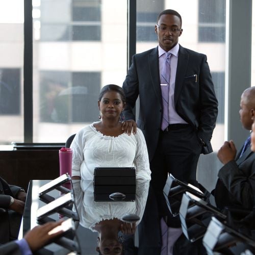 Rowena’s son Jeremiah (Anthony Mackie) introduces her (Octavia Spencer) to his fellow lawyers as they prepare her case.