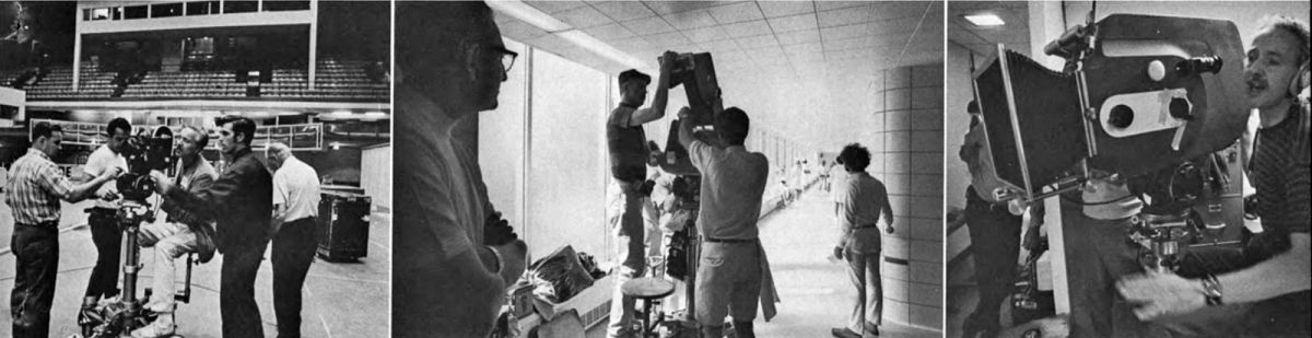 (Left) Filming inside Chicago’s International Ampitheater, at the site of the Democratic National Convention. The huge arena had previously been lit for a telecast of the event, so illumination was no problem. (Center) Camera crew prepares to shoot a long dolly shot down hospital corridor. (Right) An Éclair camera is shown housed inside special 1,000' magnesium blimp custom-built to dampen camera noise. Smaller blimps (400' and 200') were also available. 