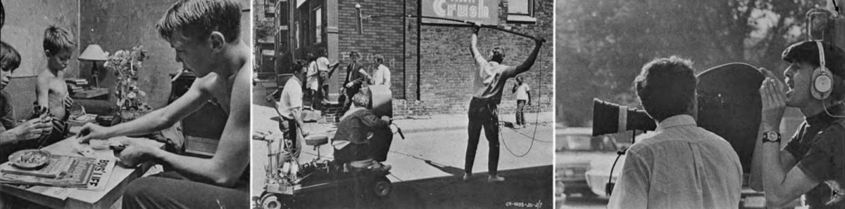 (Left) A natural interior lighting effect was achieved by means of bounced light augmented by a very little modeling light for emphasis. (Center) A sound technician positions the microphone for dolly shot through the streets of Chicago. (Right) Wexler directs a scene wearing earphones so that he could hear the dialogue above street noises. He claims that the effect was similar to watching the scenes projected in a theater with extraneous noises eliminated. 